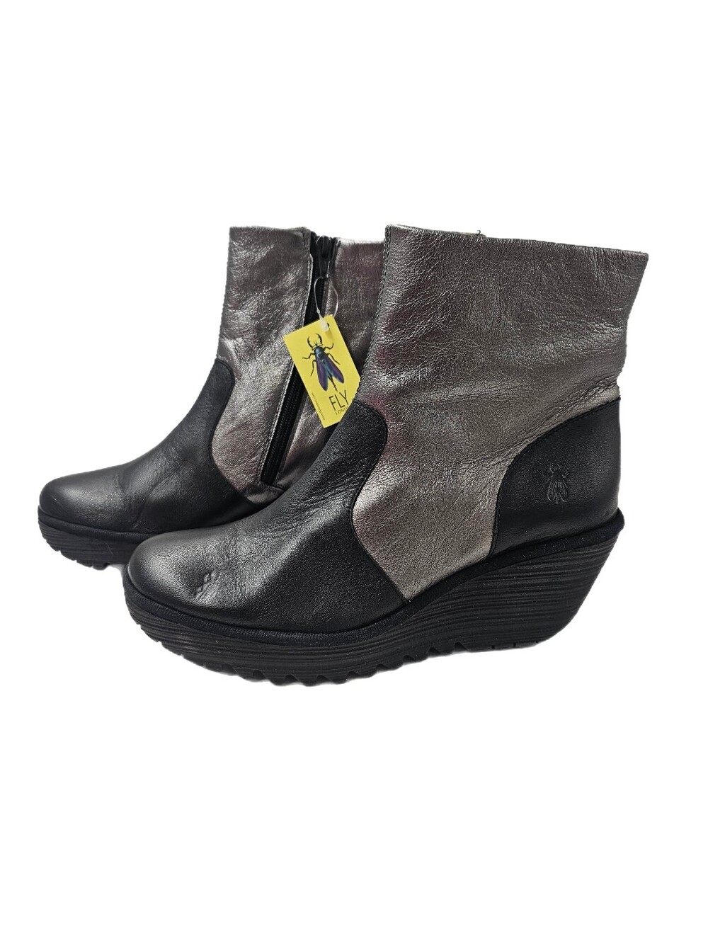 Fly London Yuxi Metallic Leather Wedge Ankle Boots Black Graphite EU40 US9 NWOB - Picture 1 of 8